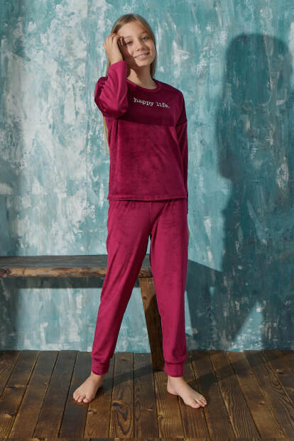 Bordo Happy Life Desenli Exclusive Kadife Kız Çocuk Pijama Takımı  - 3