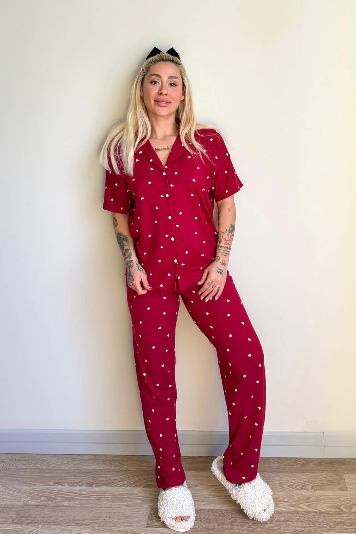 Bordo Heart Desenli Bambu Önden Düğmeli Kısa Kol Pijama Takımı - 6