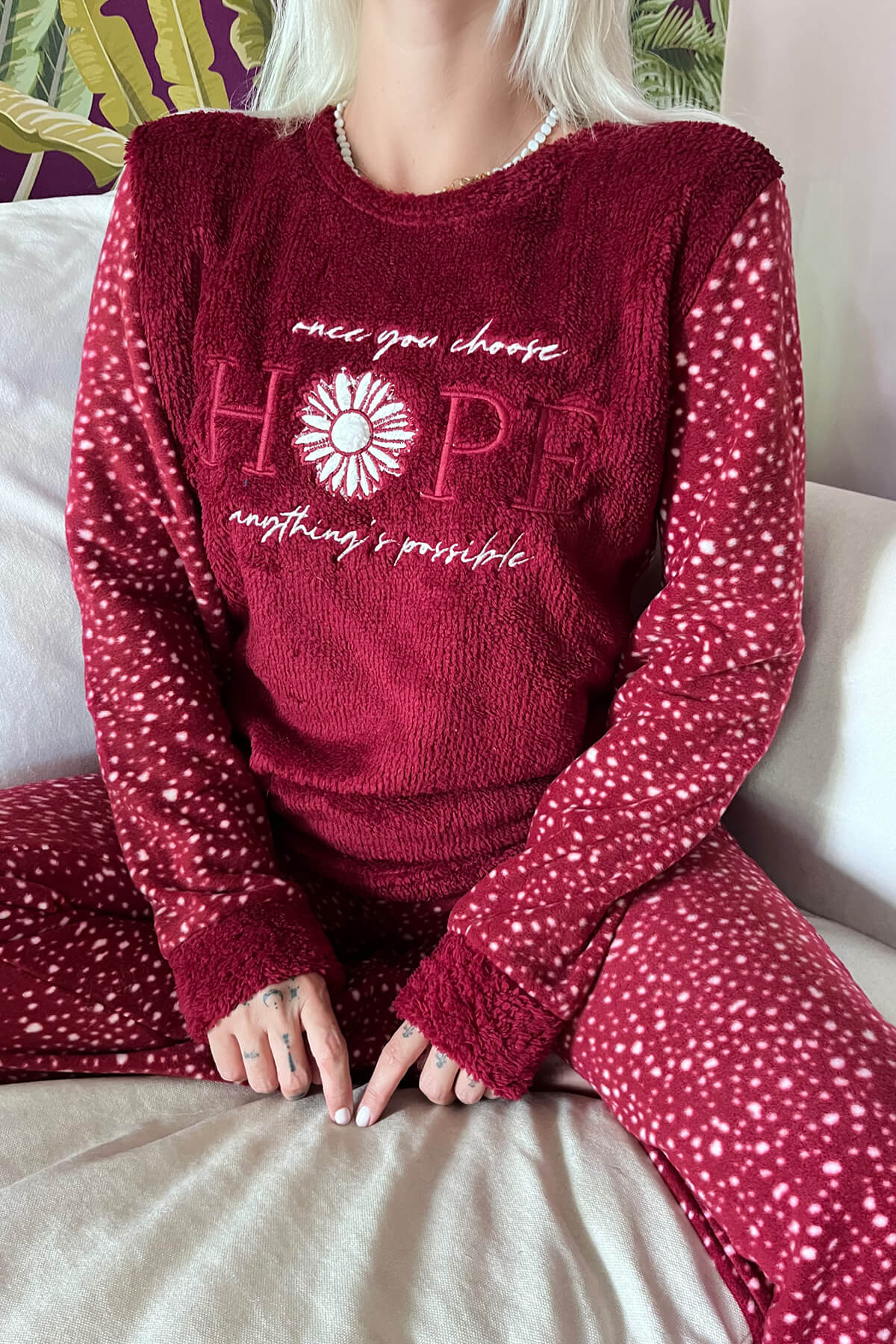 Bordo Hope Desenli Kadın Peluş Pijama Takımı - 4