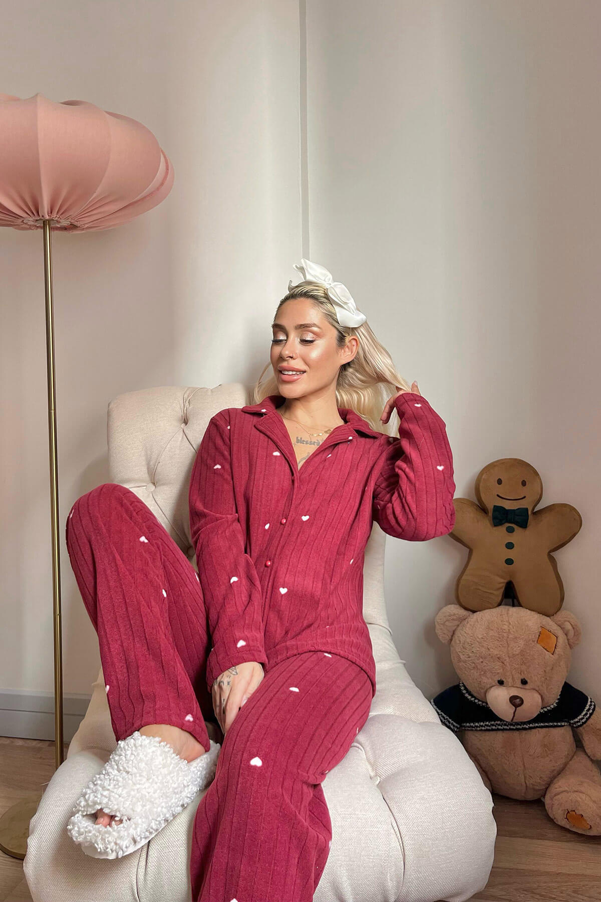 Bordo Kalp Desenli Önden Düğmeli Peluş Polar Pijama Takımı - 2