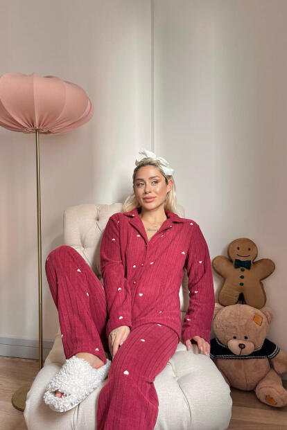 Bordo Kalp Desenli Önden Düğmeli Peluş Polar Pijama Takımı - 3