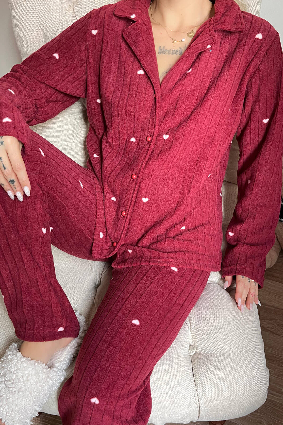 Bordo Kalp Desenli Önden Düğmeli Peluş Polar Pijama Takımı - 5