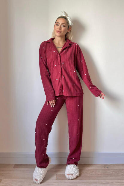 Bordo Kalp Desenli Önden Düğmeli Peluş Polar Pijama Takımı - 6