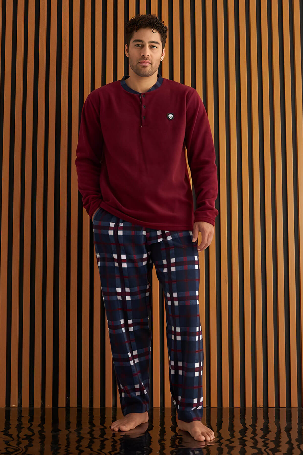 Bordo Lacivert Ekose Desenli Polar Erkek Pijama Takımı - 2