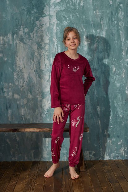 Bordo Life Desenli Exclusive Kadife Kız Çocuk Pijama Takımı  - 4