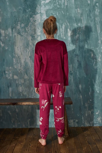 Bordo Life Desenli Exclusive Kadife Kız Çocuk Pijama Takımı  - 5