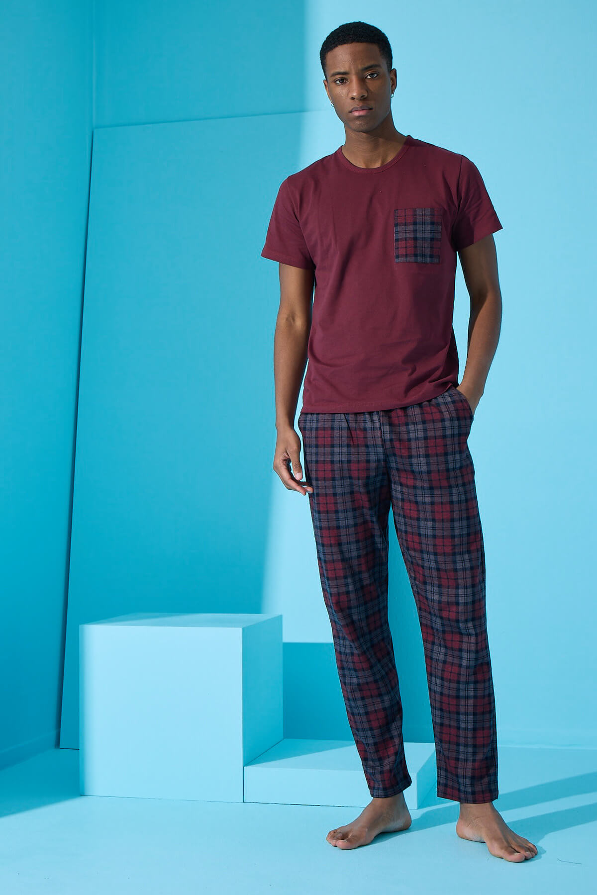 Bordo Many Square Ekose Desenli Kısa Kollu Erkek Pijama Takımı - 3