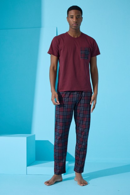 Bordo Many Square Ekose Desenli Kısa Kollu Erkek Pijama Takımı - 4