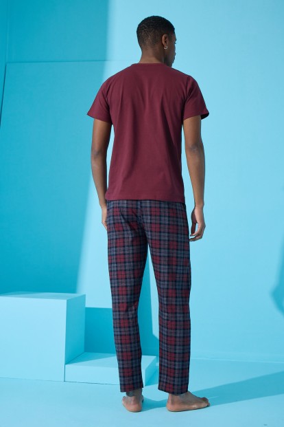 Bordo Many Square Ekose Desenli Kısa Kollu Erkek Pijama Takımı - 5