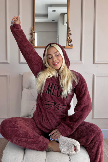 Bordo Meow Desenli Tam Peluş Pijama Takımı - 3