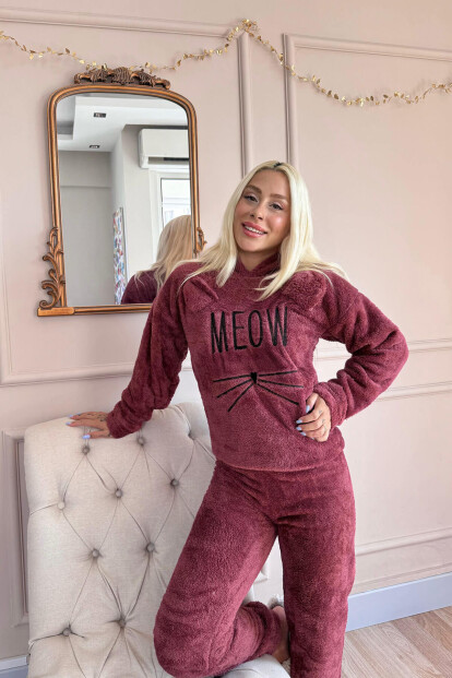 Bordo Meow Desenli Tam Peluş Pijama Takımı - 5