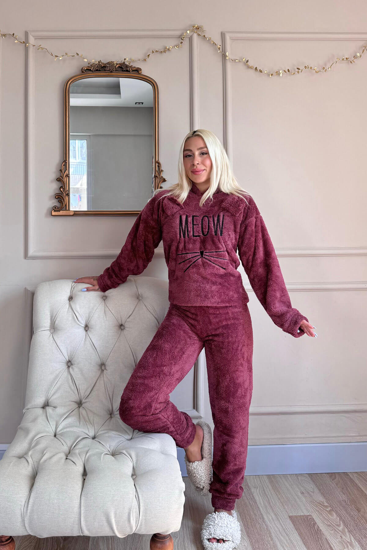 Bordo Meow Desenli Tam Peluş Pijama Takımı - 6