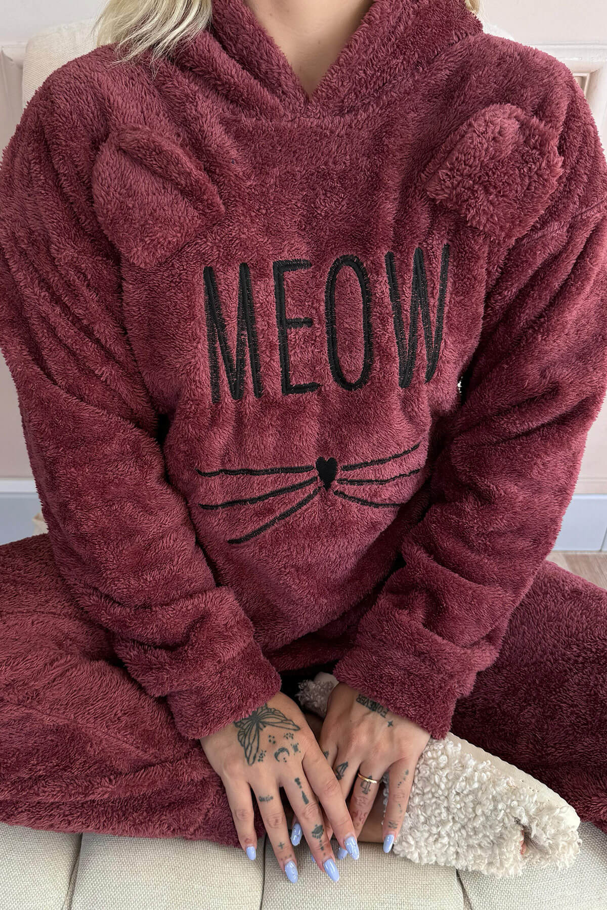 Bordo Meow Desenli Tam Peluş Pijama Takımı - 7