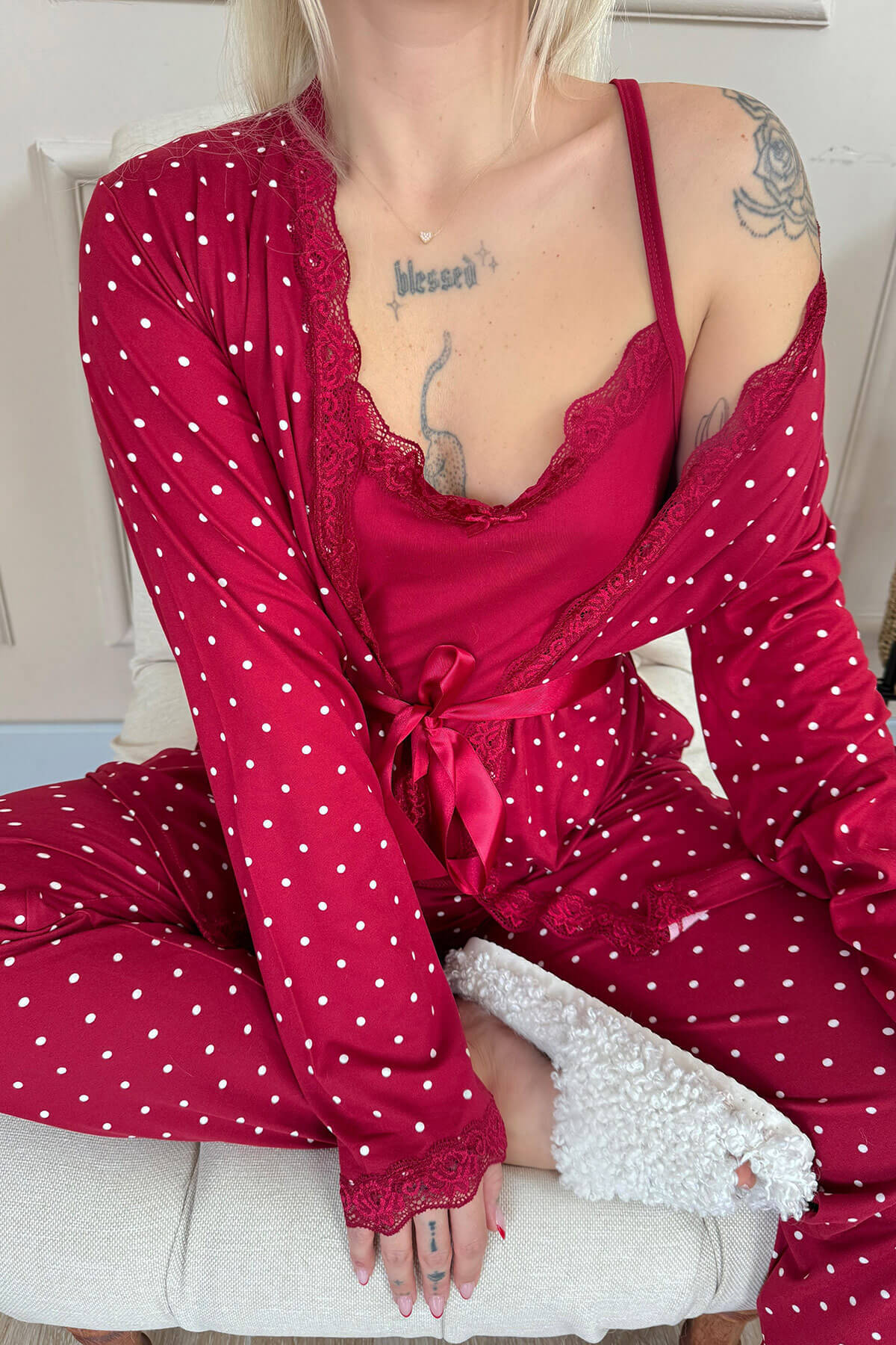 Bordo Mini Puan Desenli Bambu Sabahlıklı Kadın Pijama Takımı - 5