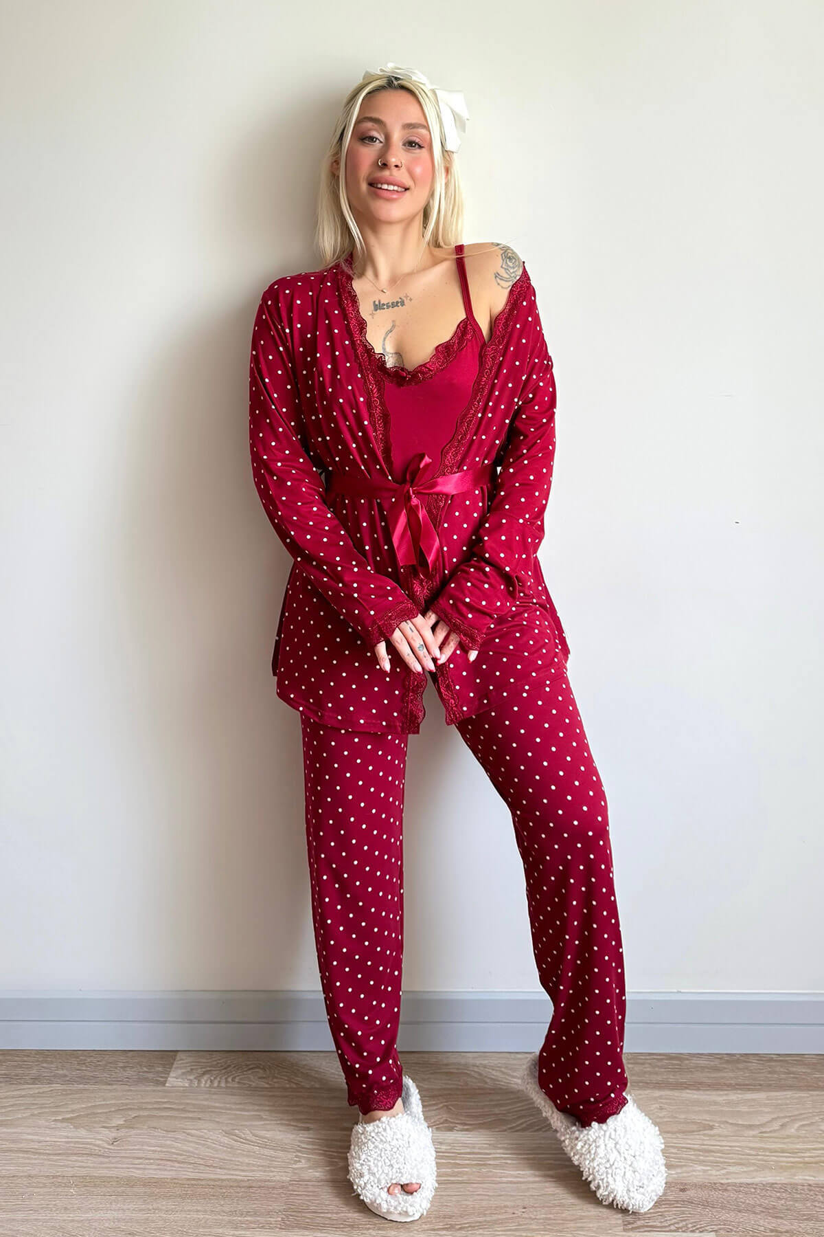 Bordo Mini Puan Desenli Bambu Sabahlıklı Kadın Pijama Takımı - 6