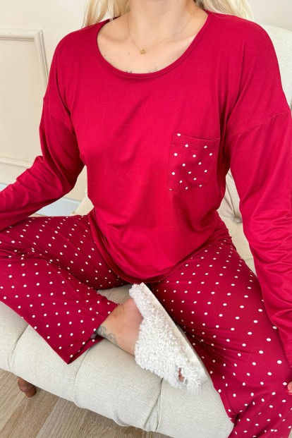 Bordo Mini Puan Desenli Bambu Uzun Kol Kadın Pijama Takımı - 5