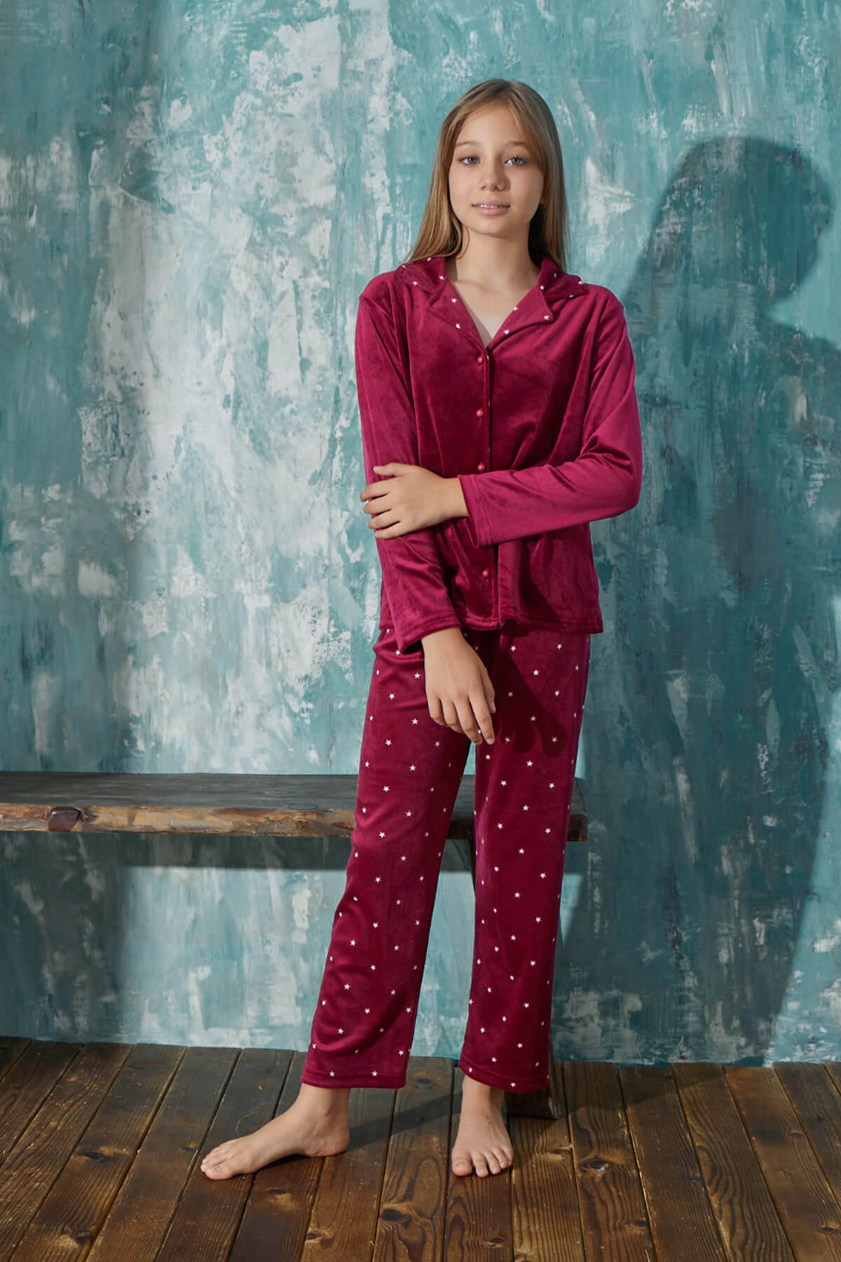 Bordo Yıldız Desenli Önden Düğmeli Exclusive Kadife Kız Çocuk Pijama Takımı  - 4