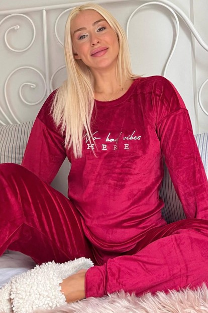 Bordo Vibes Desenli Exclusive Kadife Kadın Pijama Takımı  - 1