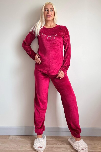 Bordo Vibes Desenli Exclusive Kadife Kadın Pijama Takımı  - 5