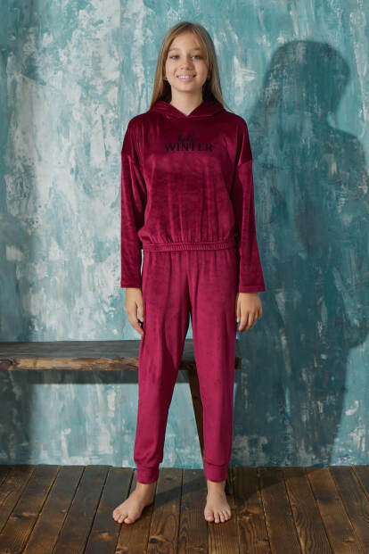 Bordo Winter Desenli Exclusive Kadife Kız Çocuk Pijama Takımı  - 2