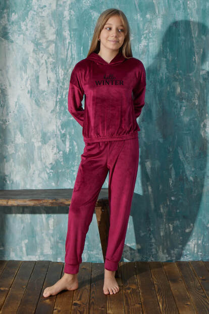 Bordo Winter Desenli Exclusive Kadife Kız Çocuk Pijama Takımı  - 3