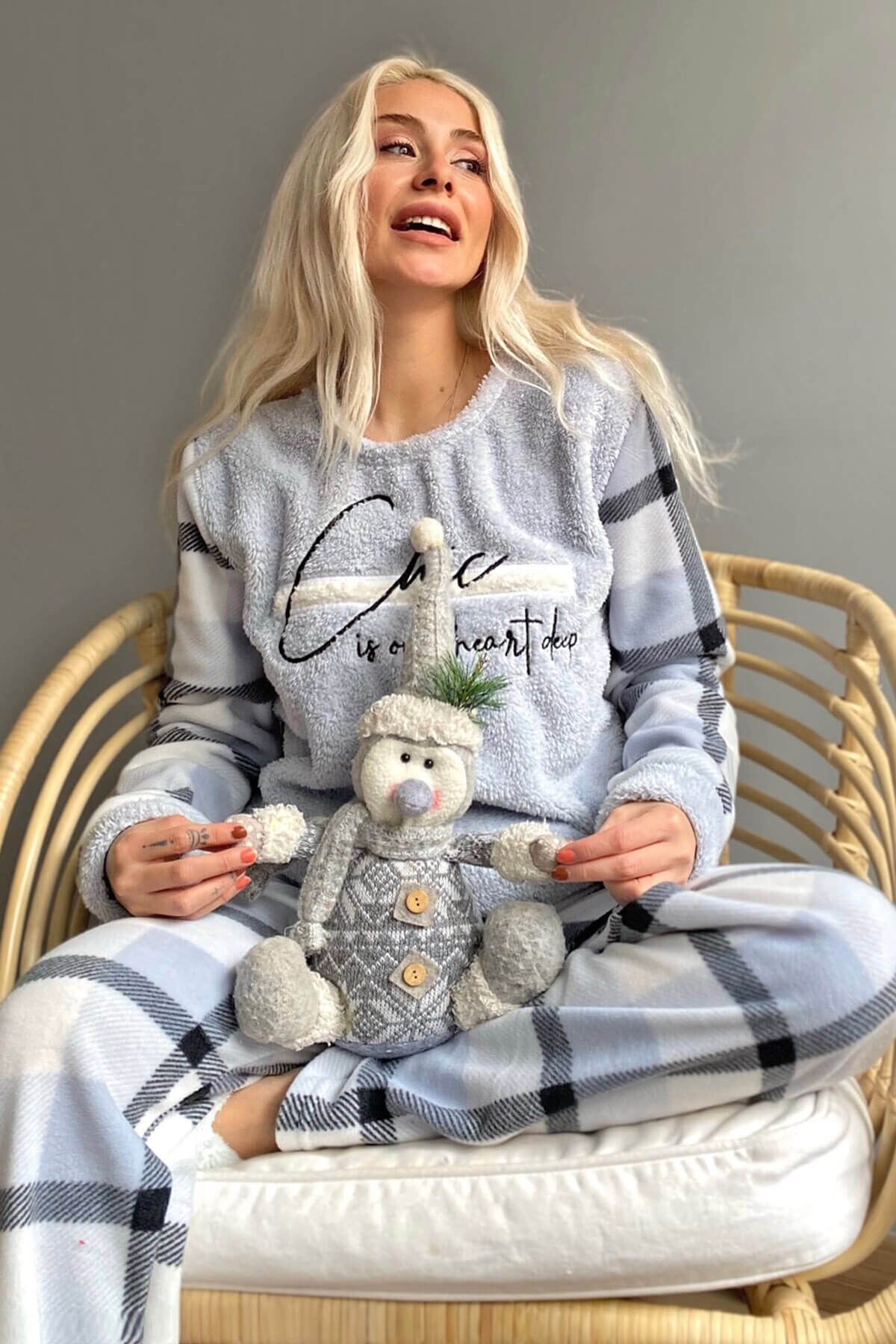 Mavi Deep Chic Desenli Kadın Peluş Pijama Takımı - 1