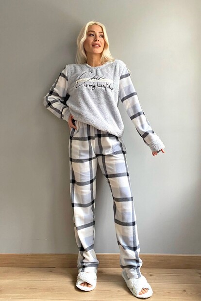 Mavi Deep Chic Desenli Kadın Peluş Pijama Takımı - 4