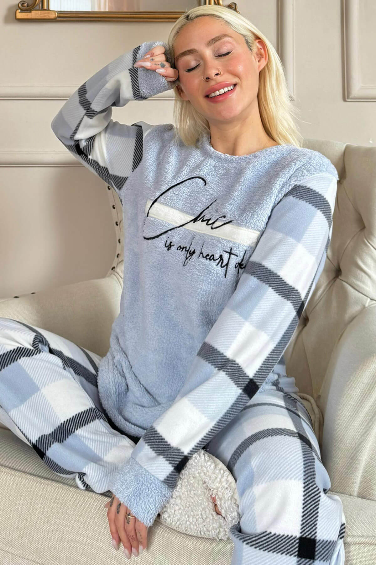 Mavi Deep Chic Desenli Kadın Peluş Pijama Takımı - 1