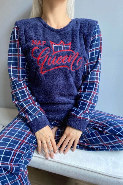 Ekose Queen Desenli Kadın Peluş Pijama Takımı - 5