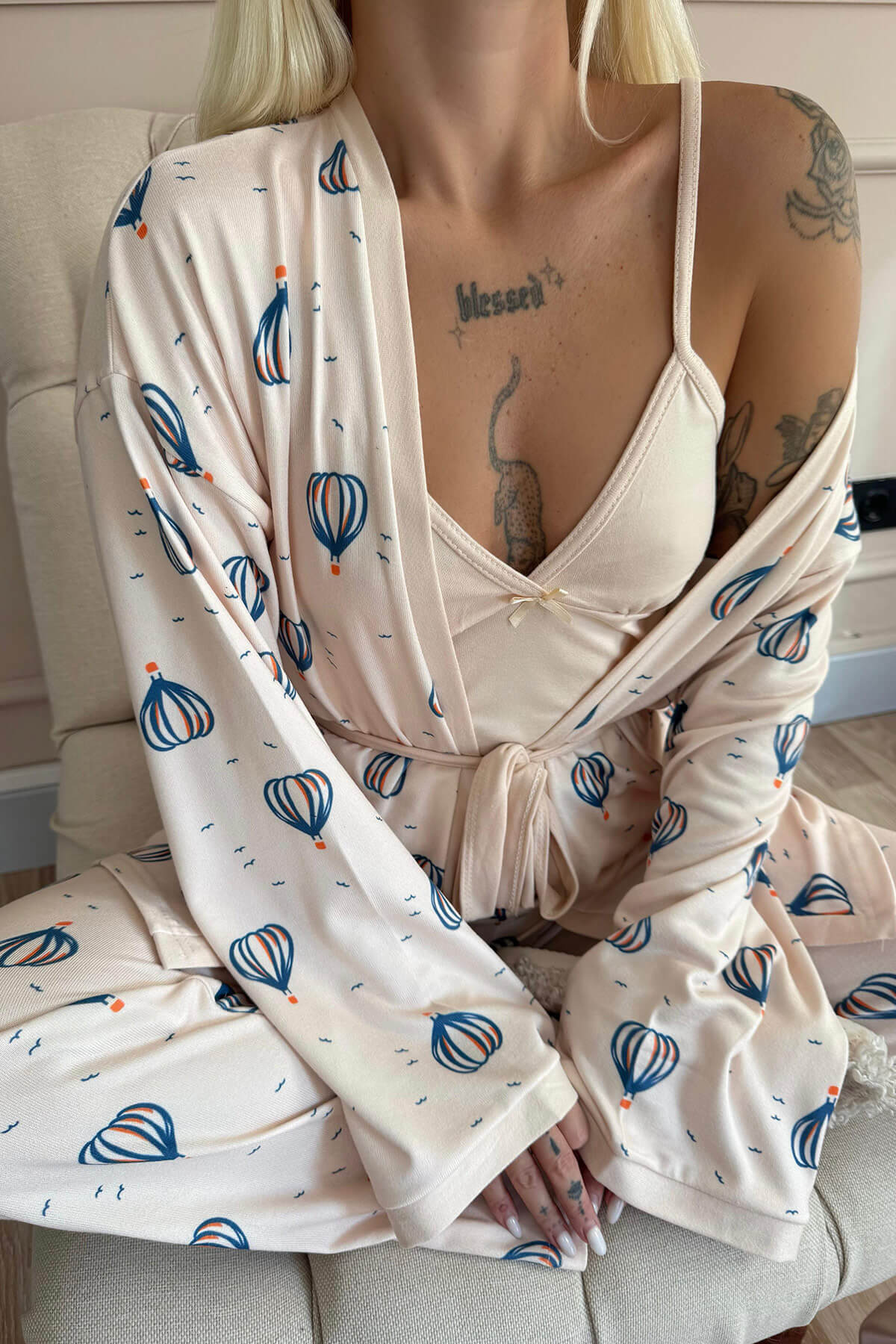 Ekru Balon Desenli Termal Sabahlıklı Kadın Pijama Takımı - 5