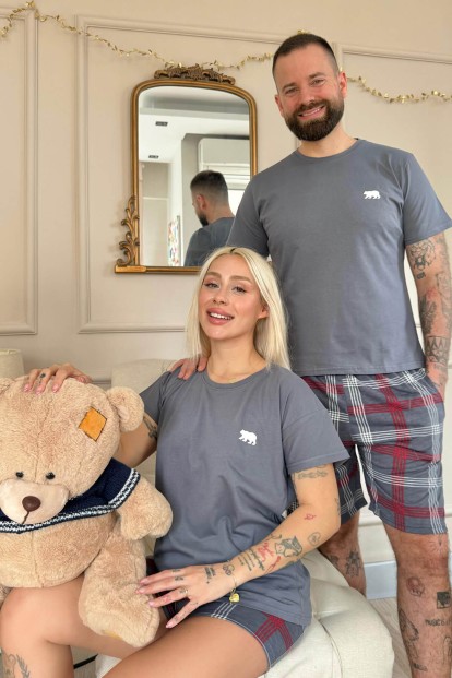 Füme Bear Şortlu Sevgili Aile Pijaması - Kadın Takımı - 6