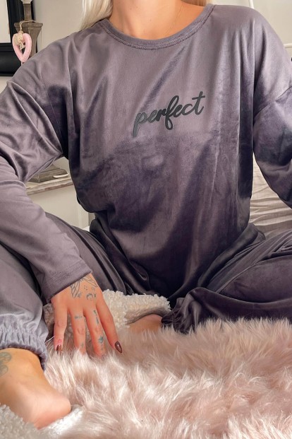 Füme Perfect Desenli Exclusive Kadife Kadın Pijama Takımı  - 4