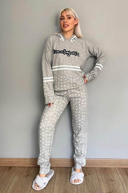 Gri Bonjour Street Desenli Yumoş Örme Pijama Takımı - 5