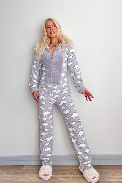 Gri Bulut Desenli Kadın Polar Peluş Tulum Pijama Takımı - 6