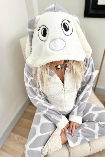 Gri Dalmaçyalı Desenli Polar Peluş Tulum Kadın Pijama - 3