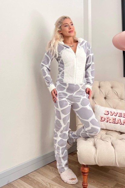 Gri Dalmaçyalı Desenli Polar Peluş Tulum Kadın Pijama - 6