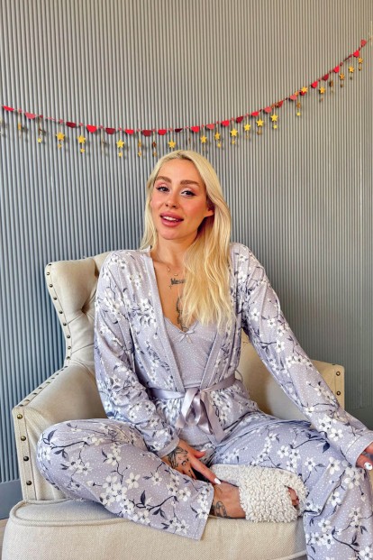 Gri Flore Exclusive Örme Sabahlıklı Kadın Pijama Takımı - 3