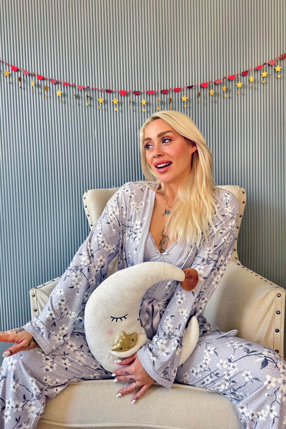 Gri Flore Exclusive Örme Sabahlıklı Kadın Pijama Takımı - 4