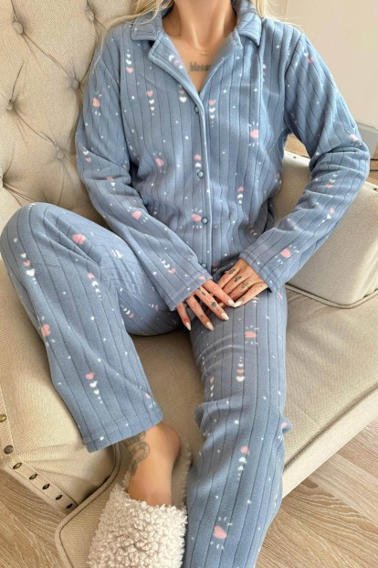 Gri Kalp Desenli Önden Düğmeli Peluş Polar Pijama Takımı - 5