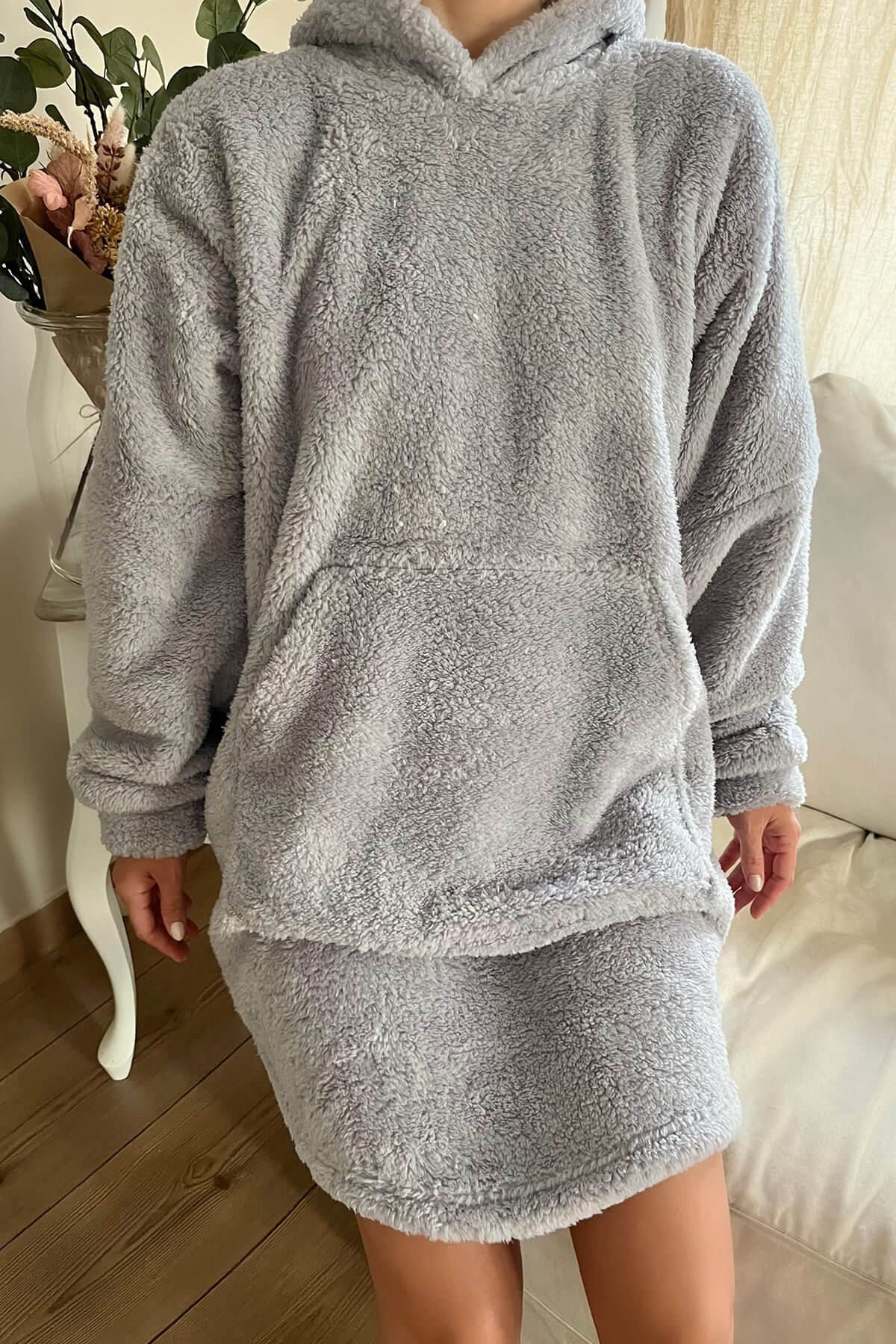 Gri Kapşonlu Tam Peluş Oversize Sweat Panço Pijama - 3