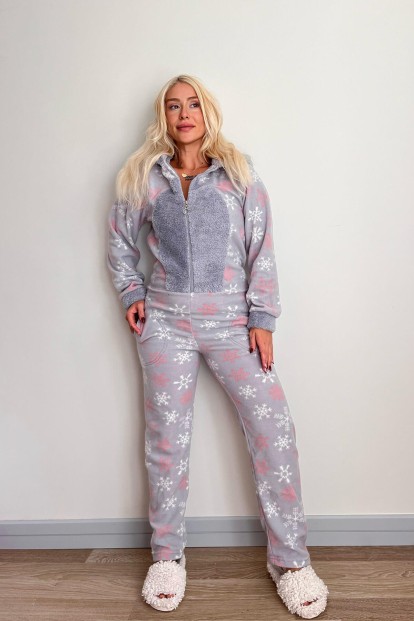 Gri Kartanesi Desenli Kadın Polar Peluş Tulum Pijama - 5