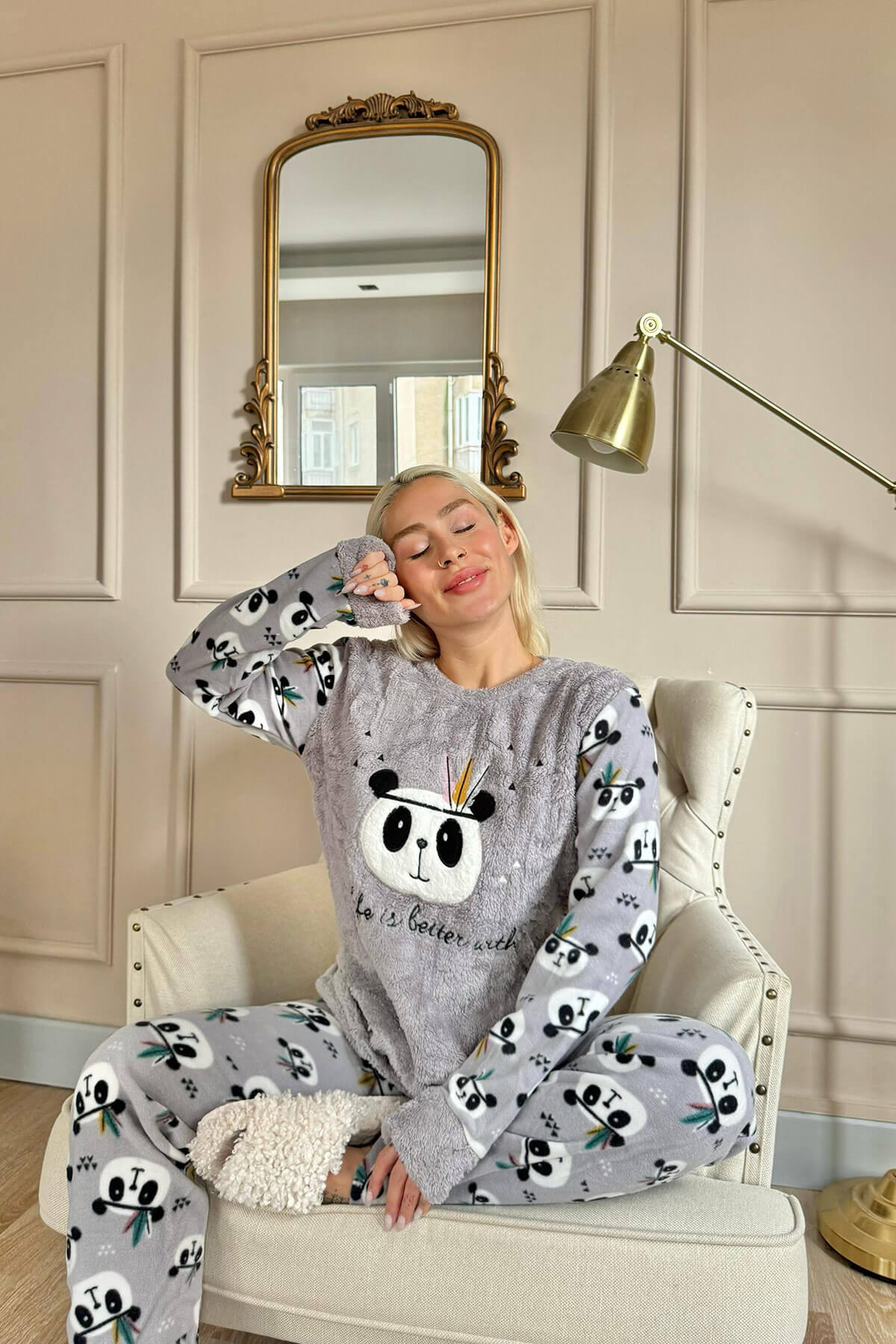 Gri Life Panda Desenli Kadın Peluş Pijama Takımı - 2