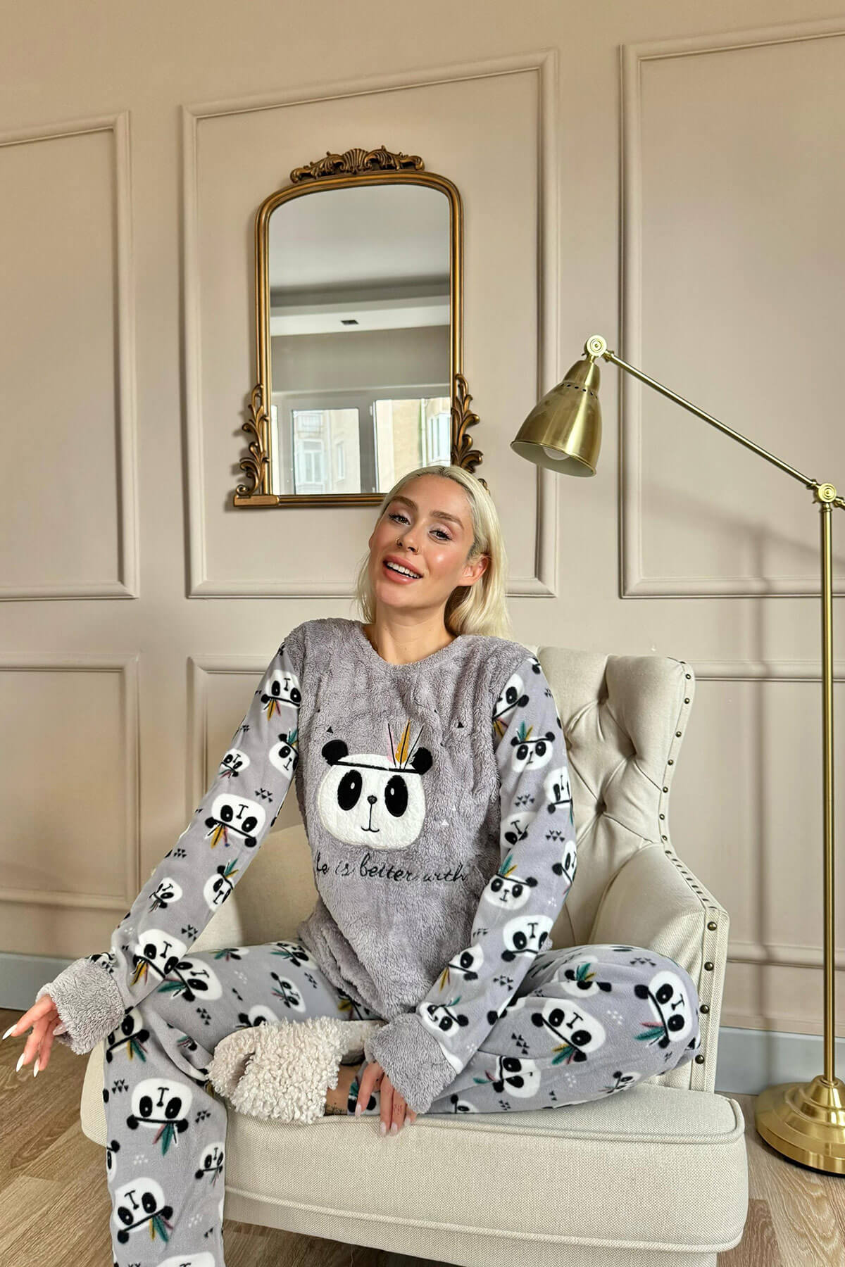 Gri Life Panda Desenli Kadın Peluş Pijama Takımı - 3