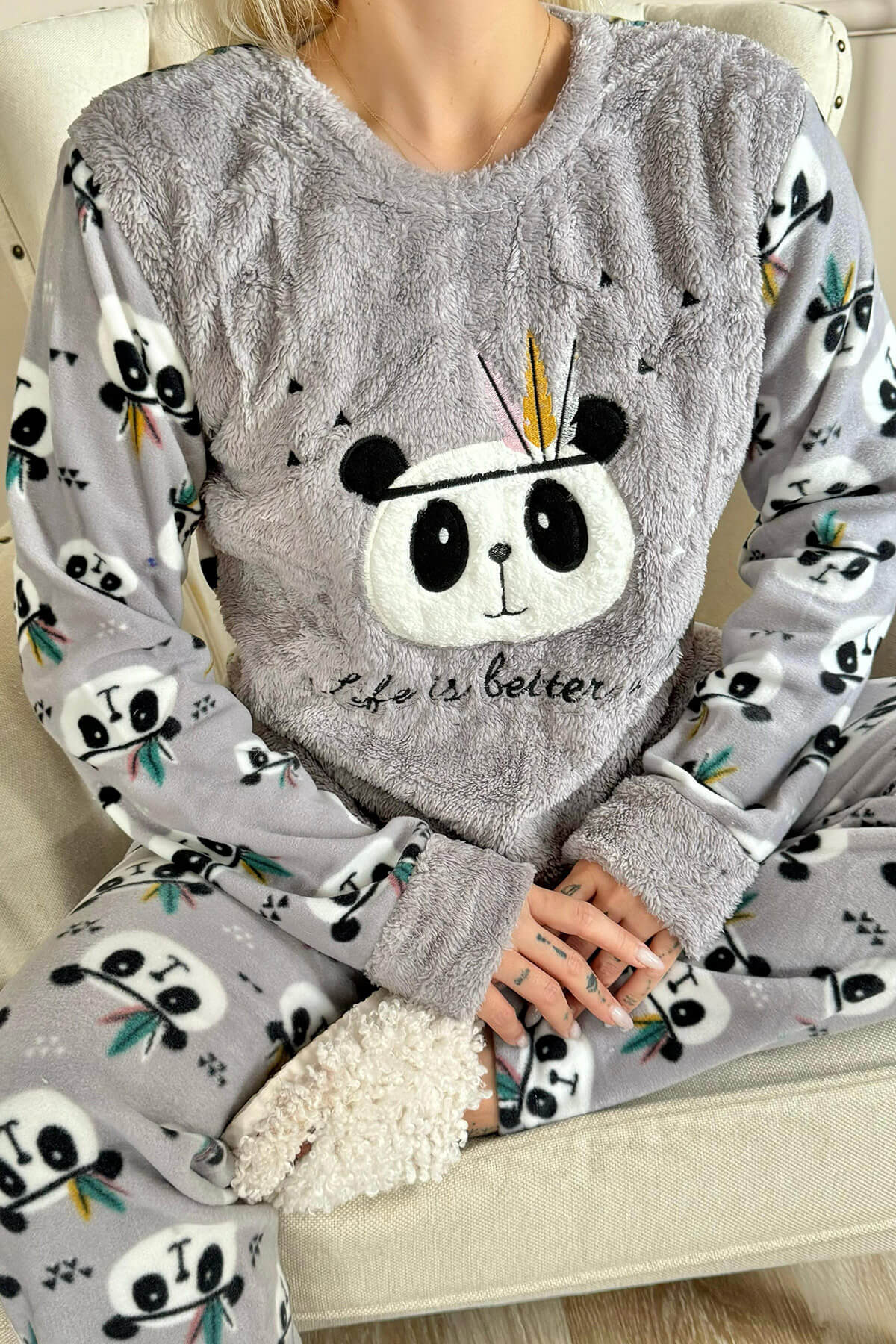 Gri Life Panda Desenli Kadın Peluş Pijama Takımı - 4