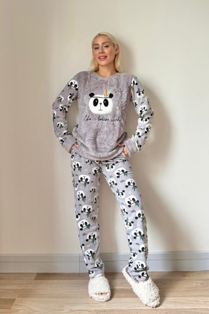 Gri Life Panda Desenli Kadın Peluş Pijama Takımı - 5