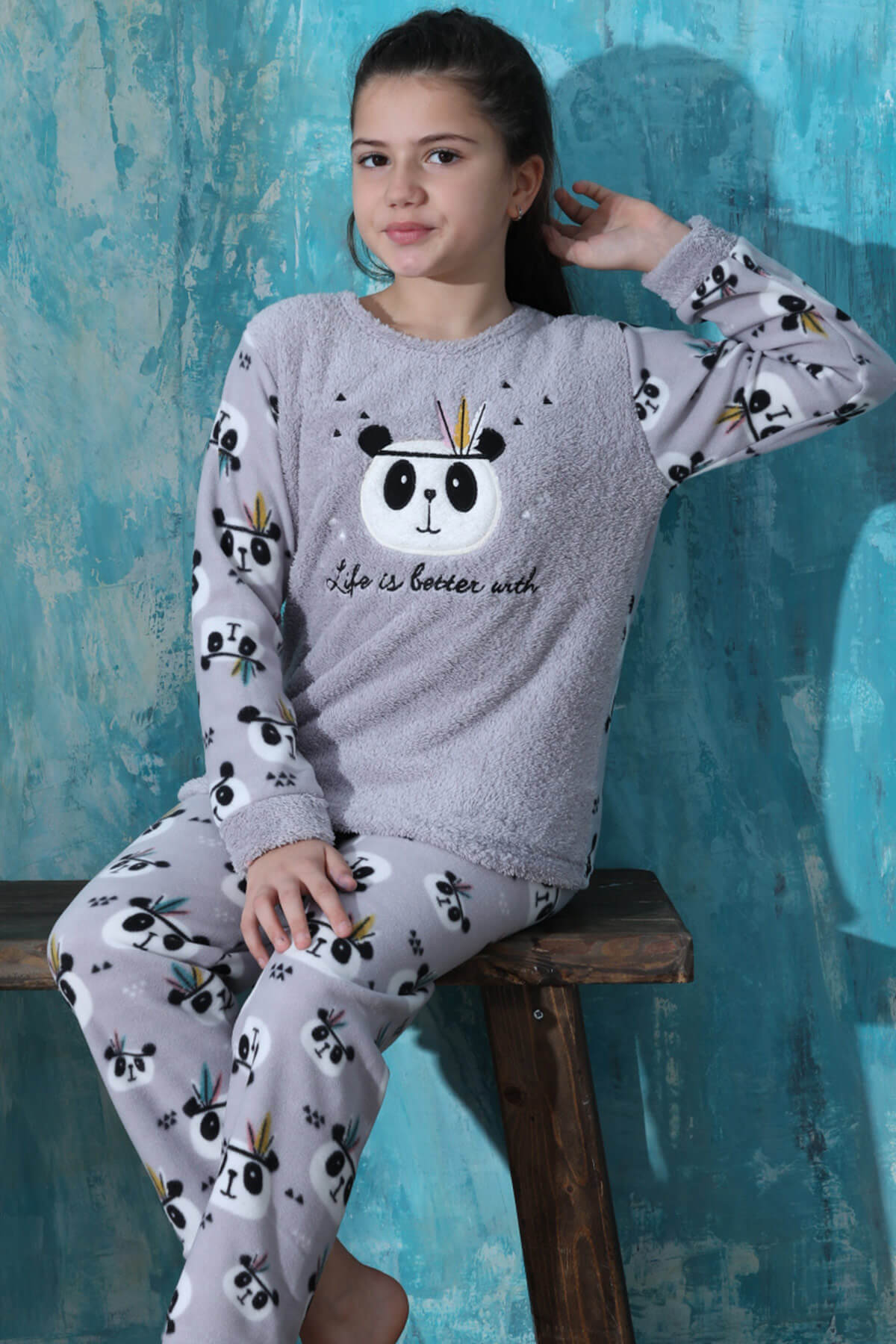 Gri Life Panda Desenli Kız Çocuk Peluş Pijama Takımı - 1