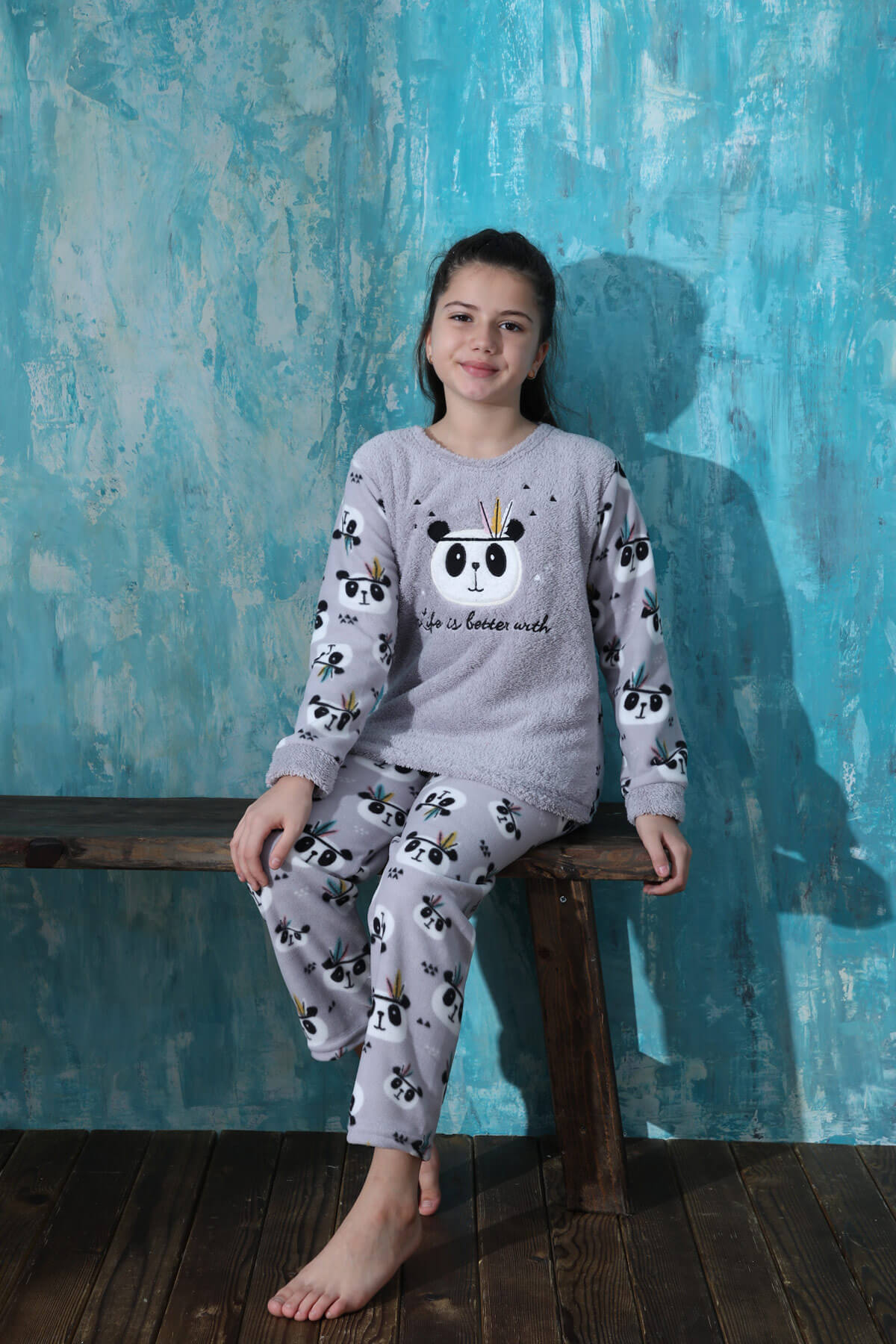 Gri Life Panda Desenli Kız Çocuk Peluş Pijama Takımı - 2