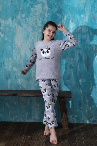 Gri Life Panda Desenli Kız Çocuk Peluş Pijama Takımı - 3