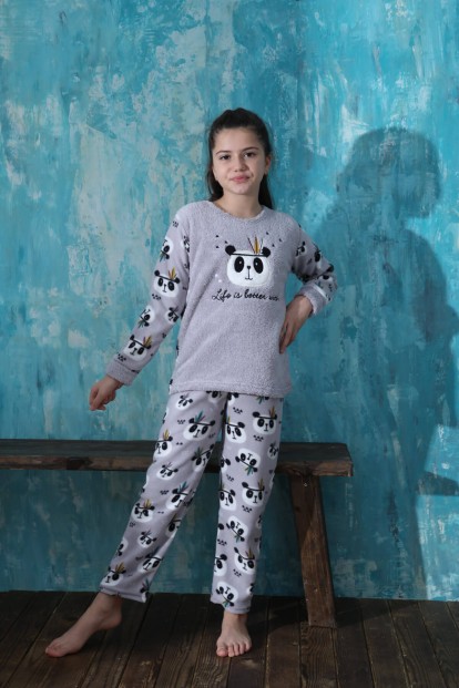 Gri Life Panda Desenli Kız Çocuk Peluş Pijama Takımı - 4