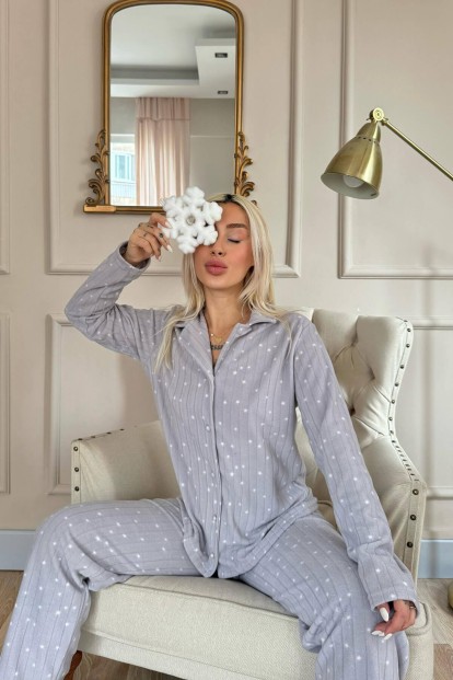 Gri Lune Desenli Önden Düğmeli Peluş Polar Pijama Takımı - 2